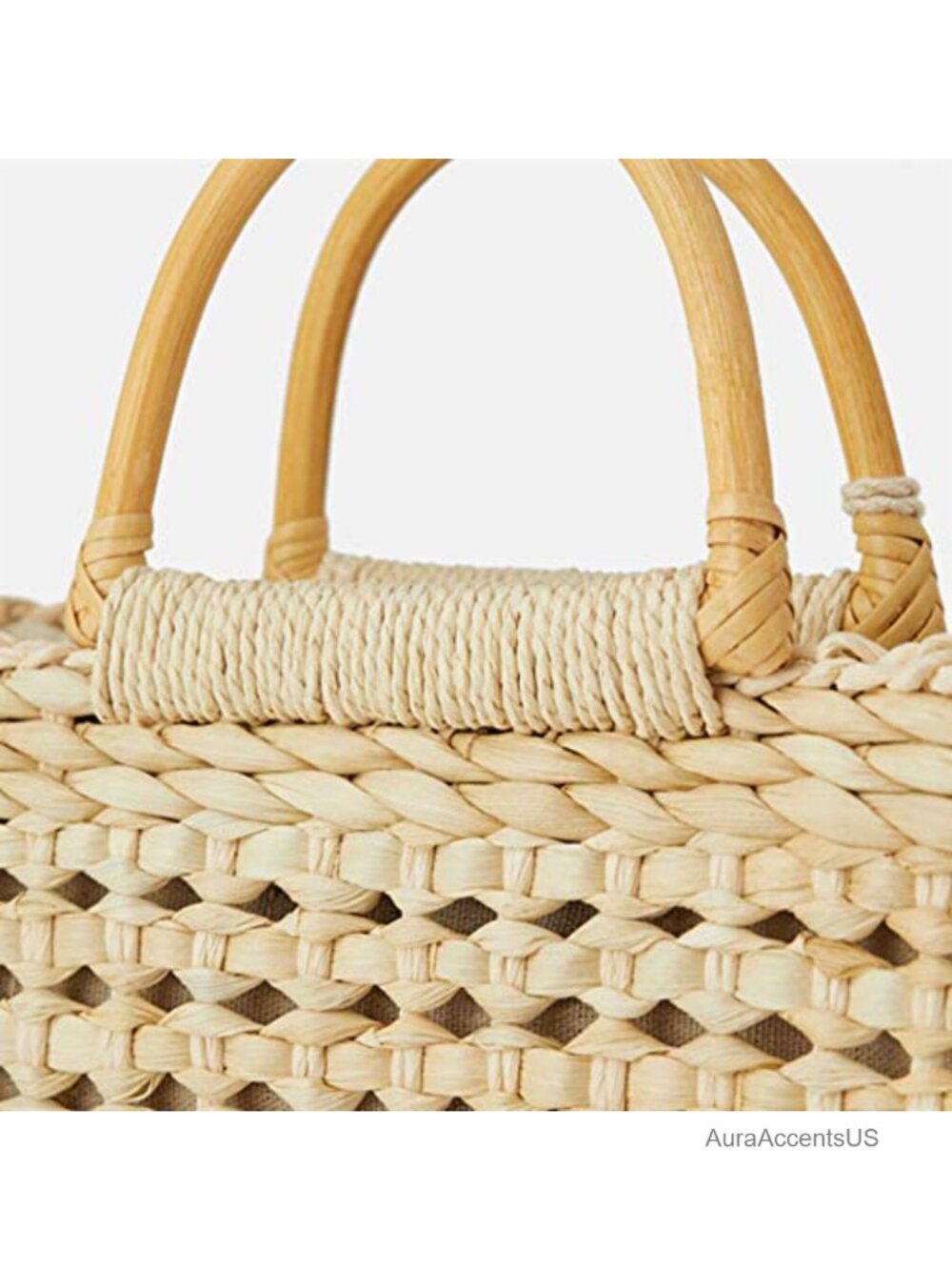 Straw Woven Bucket Bag Top Handle Drawstring Rattan Handbag Beach Purse - Picture 4 of 6